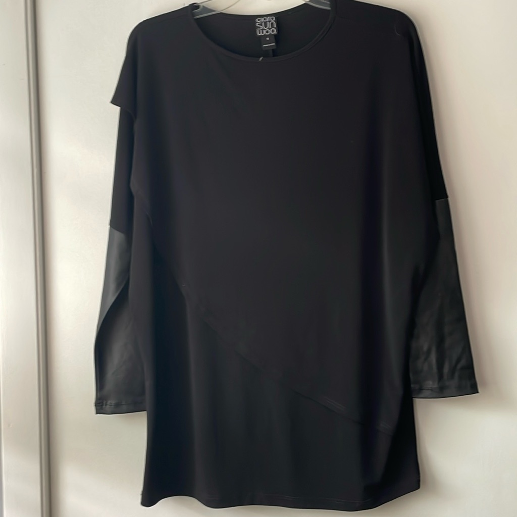 Clara Sun Woo Faux Leather Sleeves Tunic Top Sz S A11